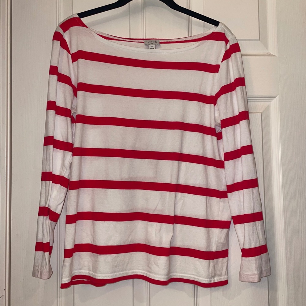 J.Crew‎ Re-Imagined Red White Striped Boatneck Long Sleeve Cotton Tee AW619 SP21 - Picture 2 of 6